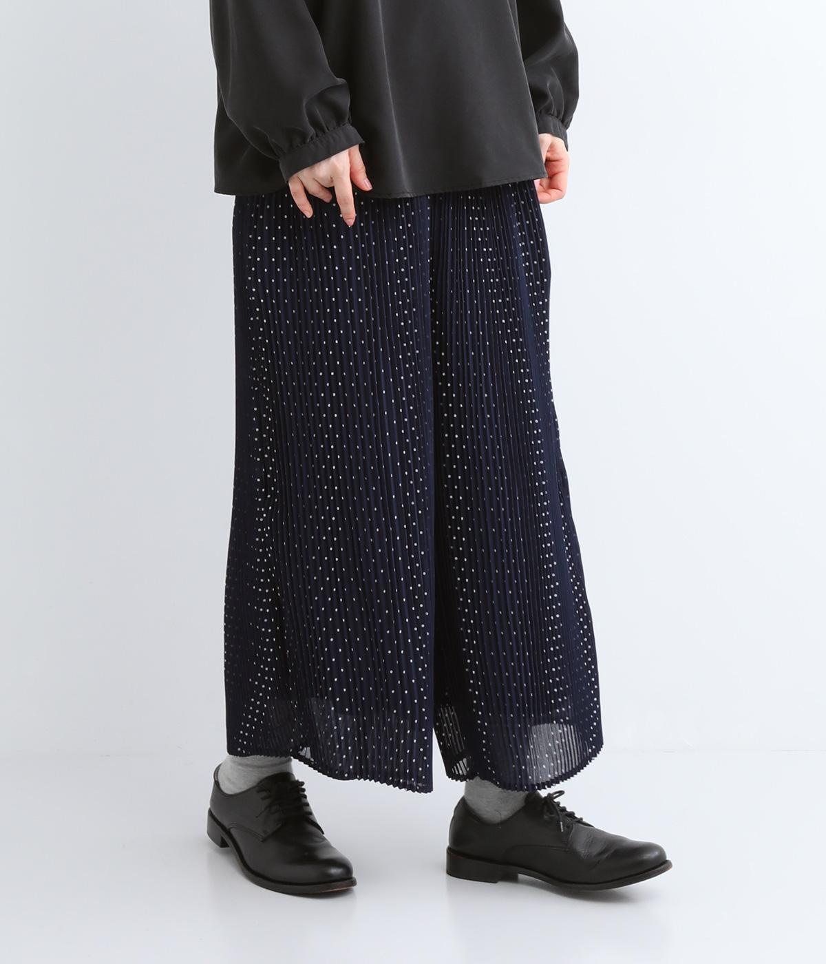 エステルシフォンドットプリントクリスタルプリーツワイドパンツ(ネイビー-ONESIZE)