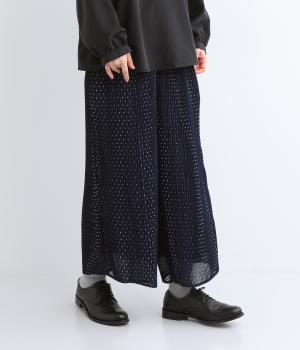 エステルシフォンドットプリントクリスタルプリーツワイドパンツ(ネイビー-ONESIZE)