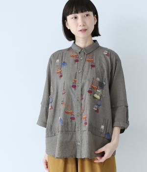 先染めチェックメニーランプ刺繍シャツブラウス(ブラウン-ONESIZE)