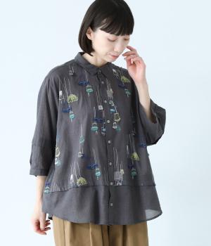 先染めチェックメニーランプ刺繍シャツブラウス(チャコール-ONESIZE)