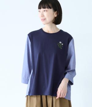 スモールウェーブボイルロックローズ刺繍カットソー(ブルー-ONESIZE)