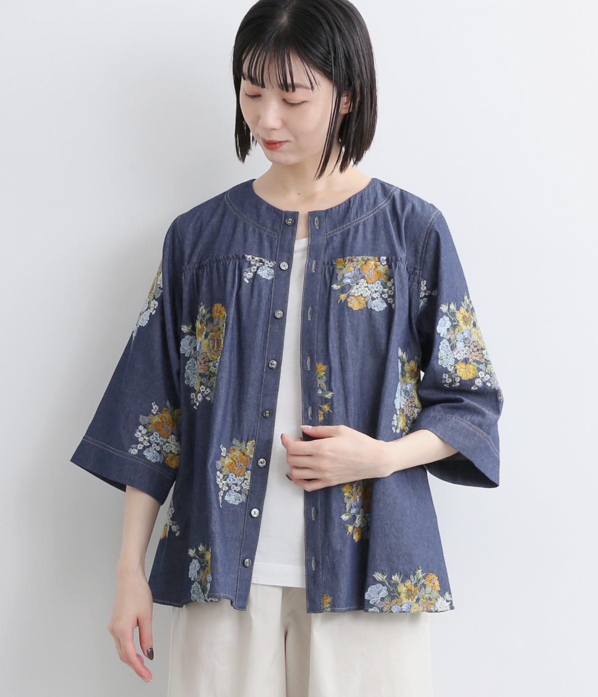 デニム/ツイル ブロッサムクラスタ刺繍ブラウスブルゾン(ネイビー-ONESIZE)