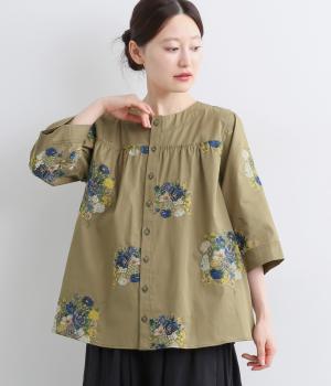デニム/ツイル ブロッサムクラスタ刺繍ブラウスブルゾン(カーキ-ONESIZE)