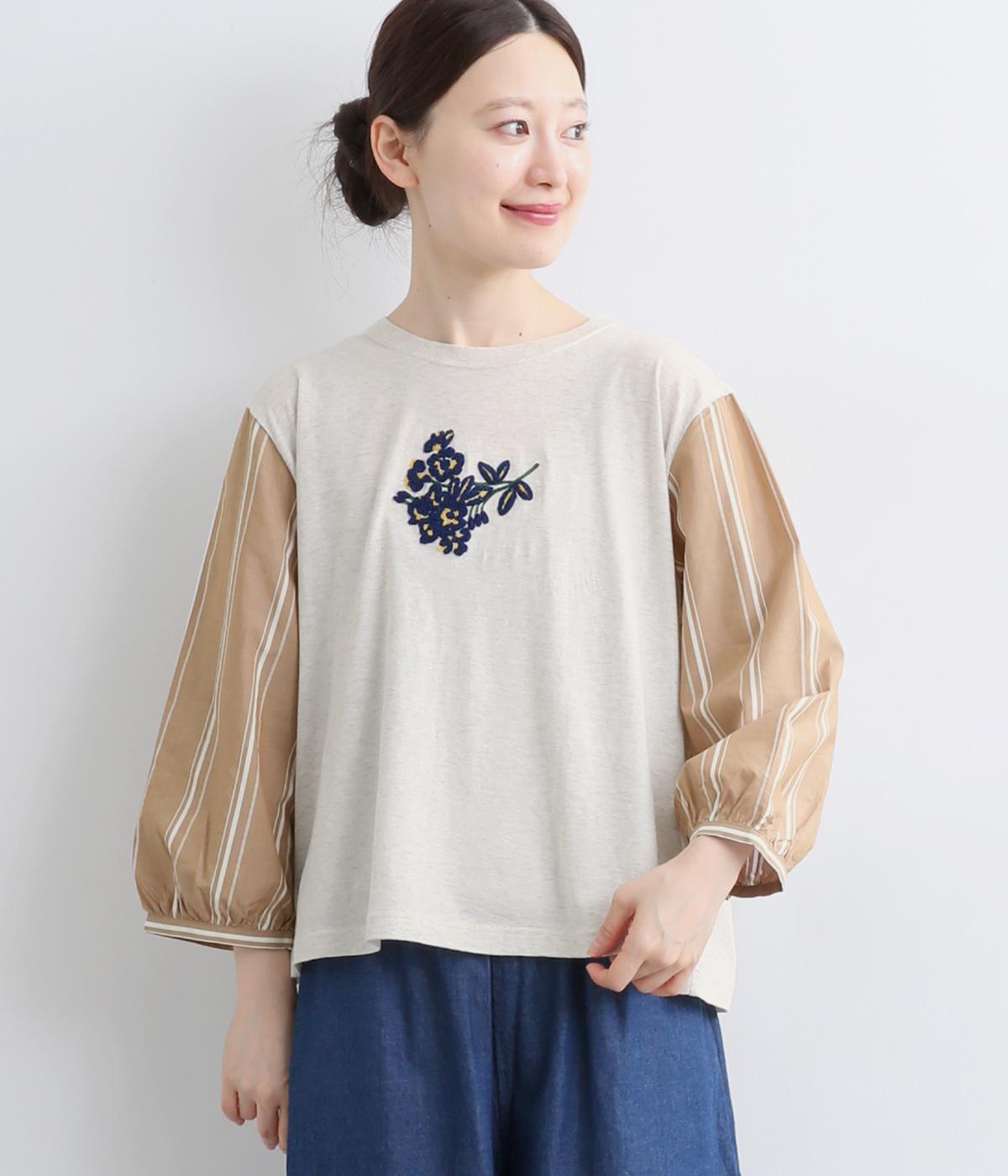 ギザコンパクトブロード+天竺 フラワーシェニールさがら刺繍カットソー(ベージュ-ONESIZE)