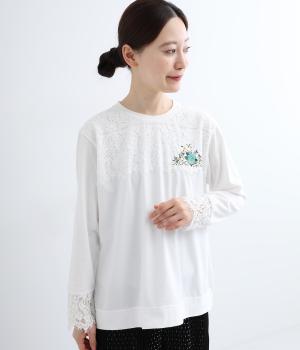 ラッセルレースプリザーブドフラワー刺繍+天竺カットソー(オフホワイト-ONESIZE)