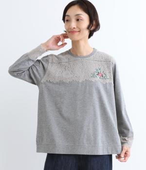 ラッセルレースプリザーブドフラワー刺繍+天竺カットソー(杢グレー-ONESIZE)