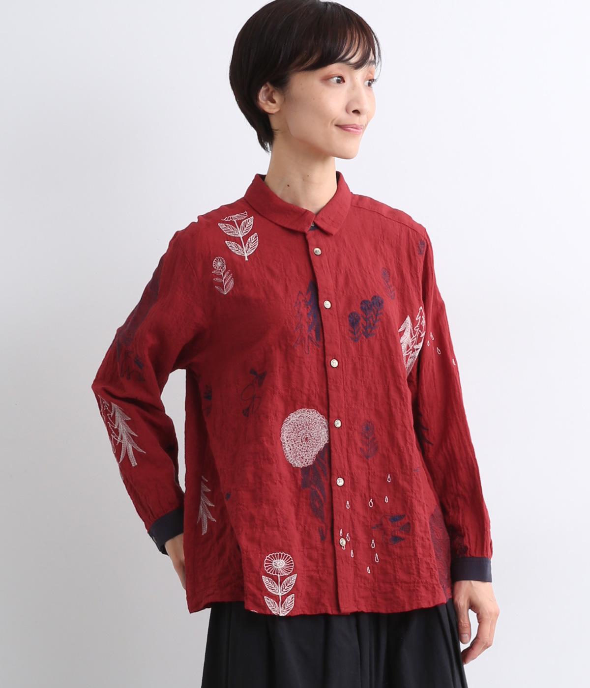 SUPER HAKKA×保坂優子 先染めコットンシャーリング｢森と暮らす｣刺繍ブラウス(レッド-F)