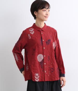 SUPER HAKKA×保坂優子 先染めコットンシャーリング｢森と暮らす｣刺繍ブラウス(レッド-F)