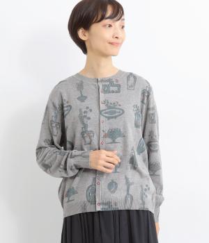 SUPER HAKKA×保坂優子 ｢暮らしを彩る｣プリントニットカーディガン(杢グレー-F)