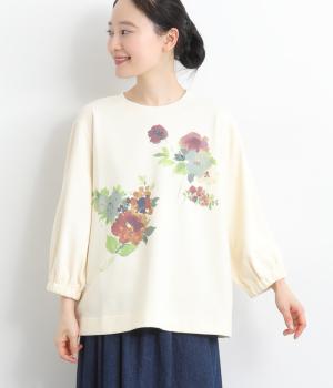 ブラーレッドフラワープリント裏毛プルオーバー(オフホワイト-F)