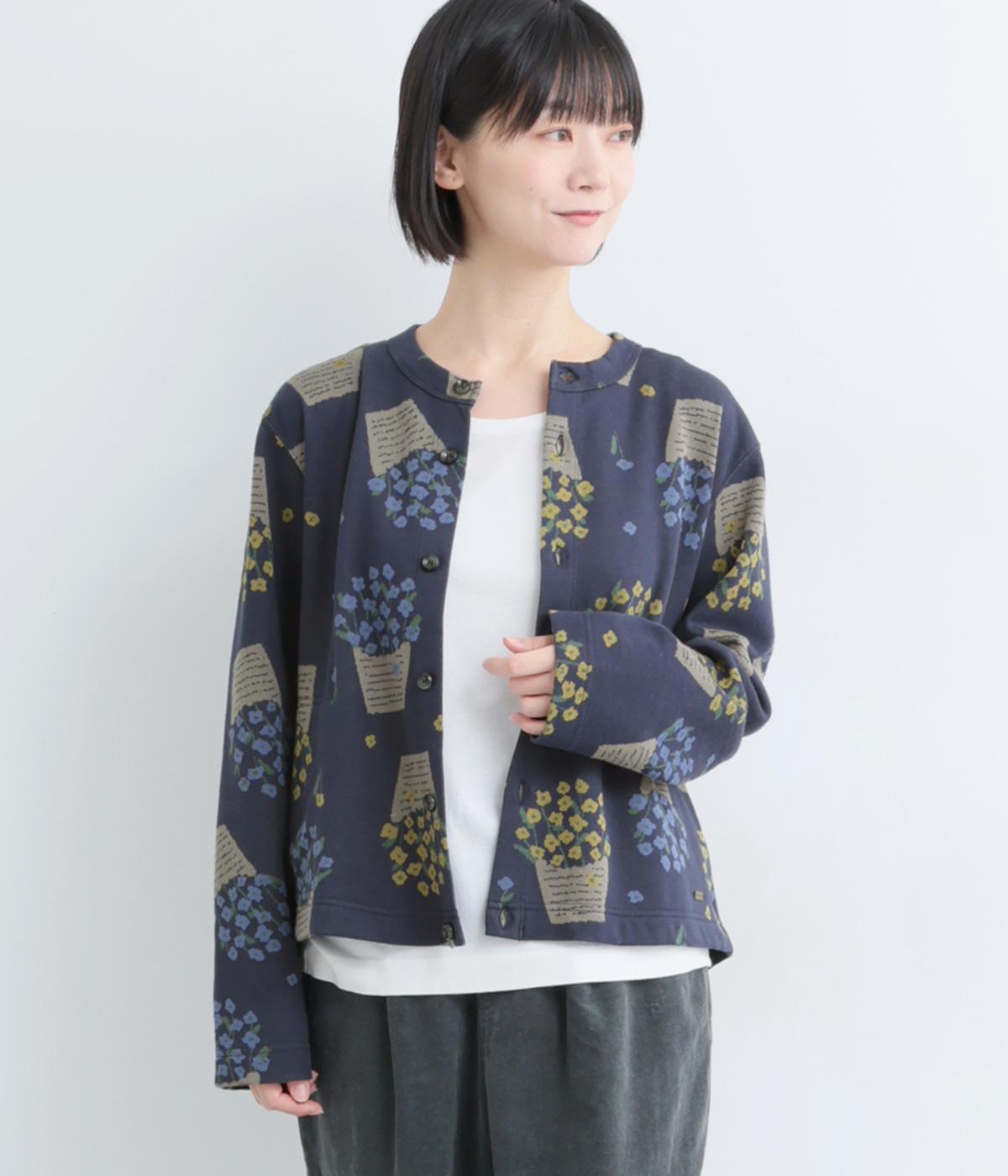 コットンポリエステル フラワーポットニットジャカードカーディガン(ネイビー-F)