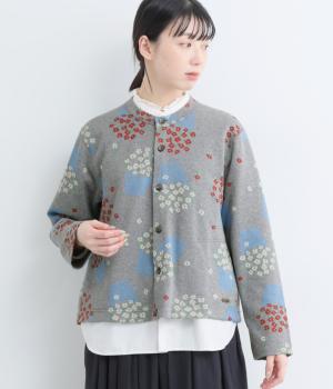 コットンポリエステル フラワーポットニットジャカードカーディガン(杢グレー-F)