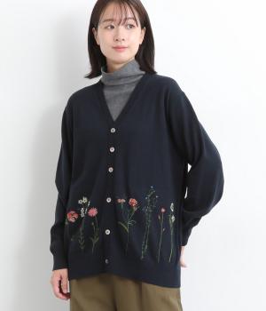 ブルームアレイ刺繍コットンニットロングカーディガン(ネイビー-F)