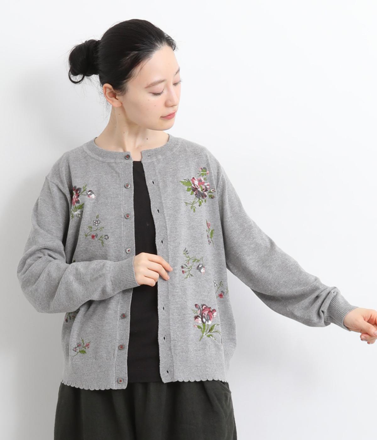 フローティングブーケ刺繍コットンニットカーディガン(杢グレー-F)