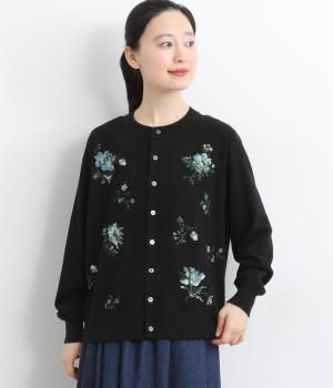 フローティングブーケ刺繍コットンニットカーディガン(ブラック-F)