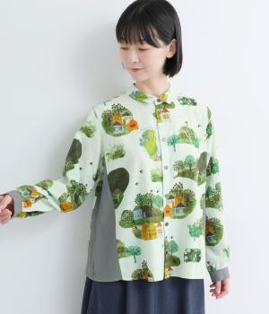 SUPER HAKKA×サクマ ユウコ ｢ある日の森の街｣/｢この葉の青い鳥｣プリントシャツブラウス(ベージュ-F)