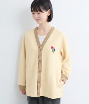 プルームレットハンド刺繍キルティングダブルジャカードVネックカーディガン(ベージュ-F)