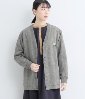 プルームレットハンド刺繍キルティングダブルジャカードVネックカーディガン(杢グレー-F)