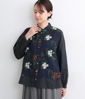 レーヨンナイロンアクリルトレイリングブルームカットジャカード+コットンツイルブラウス(ネイビー-F)