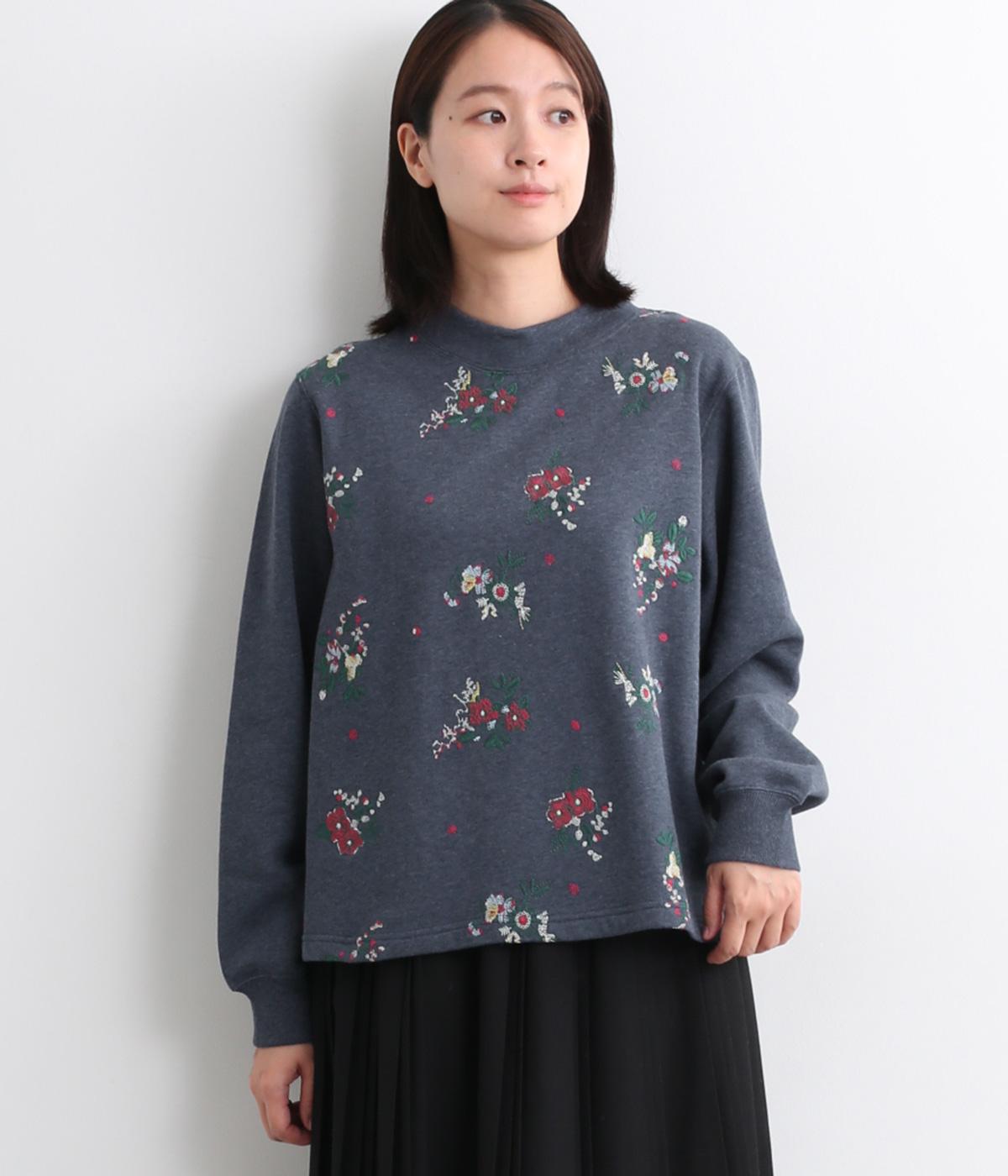裏毛裏起毛ドット&フラワー刺繍プルオーバー(ネイビー-F)