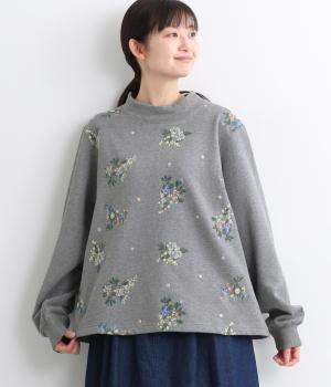 裏毛裏起毛ドット&フラワー刺繍プルオーバー(杢グレー-F)