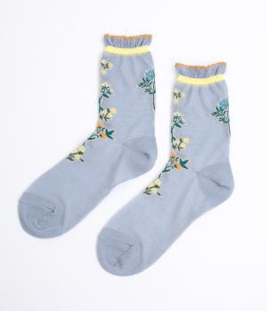 ラインフラワージャカードソックス(ブルー-ONESIZE)