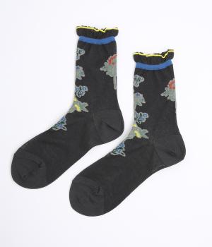 ラインフラワージャカードソックス(チャコール-ONESIZE)