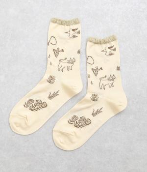 SUPER HAKKA×保坂優子 ｢森と暮らす｣線画モチーフジャカードソックス(オフホワイト-F)