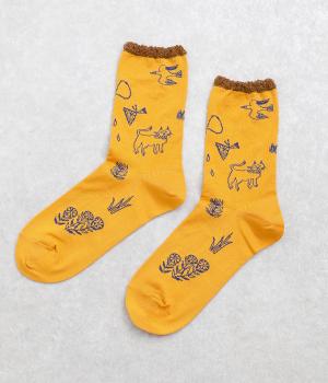 SUPER HAKKA×保坂優子 ｢森と暮らす｣線画モチーフジャカードソックス(イエロー-F)