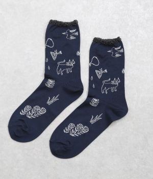 SUPER HAKKA×保坂優子 ｢森と暮らす｣線画モチーフジャカードソックス(ネイビー-F)