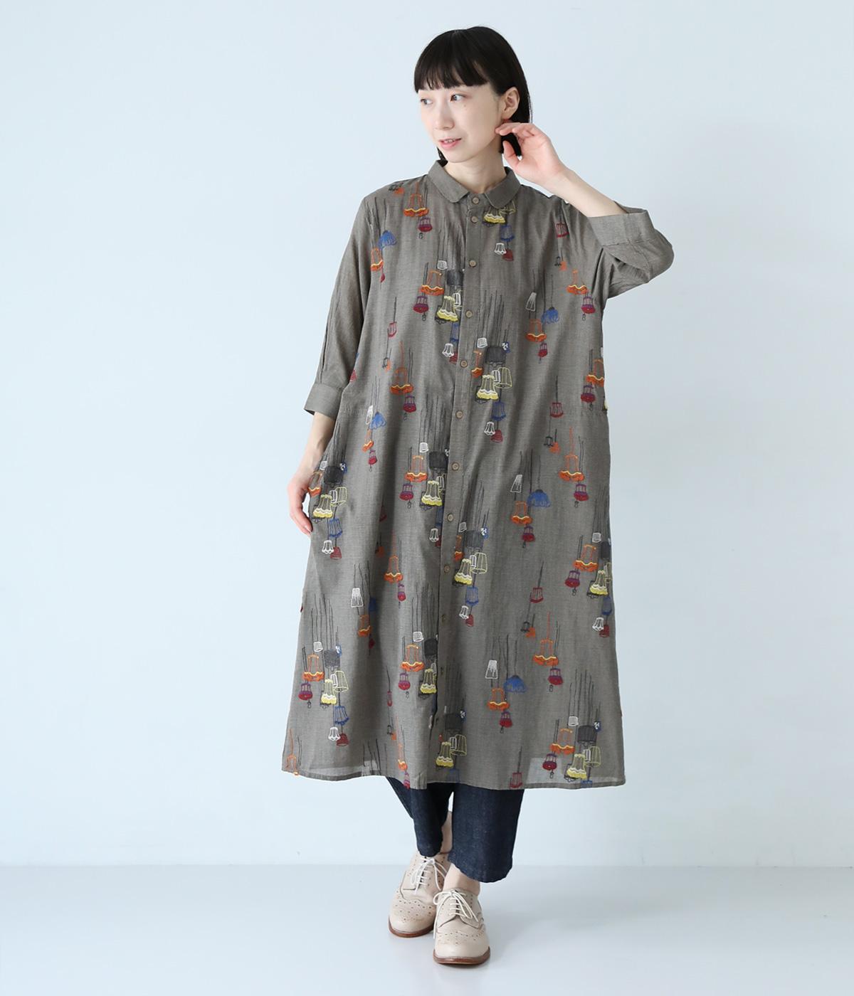 先染めチェックメニーランプ刺繍シャツワンピース(ブラウン-ONESIZE)