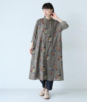 先染めチェックメニーランプ刺繍シャツワンピース(ブラウン-ONESIZE)