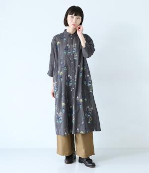 先染めチェックメニーランプ刺繍シャツワンピース(チャコール-ONESIZE)