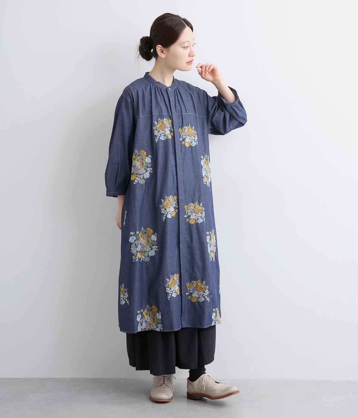 デニム/ツイル ブロッサムクラスタ刺繍ワンピース(ネイビー-ONESIZE)
