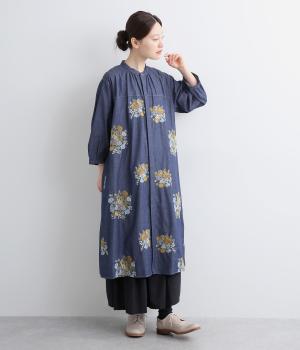デニム/ツイル ブロッサムクラスタ刺繍ワンピース(ネイビー-ONESIZE)