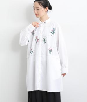 コットンサンドウォッシュ ボタニカルウィンドウ刺繍チュニックシャツ(オフホワイト-F)