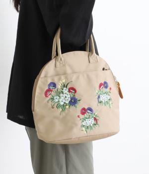 「glanta」フラワーパッチ刺繍ラウンドトートバッグ(ベージュ-F)
