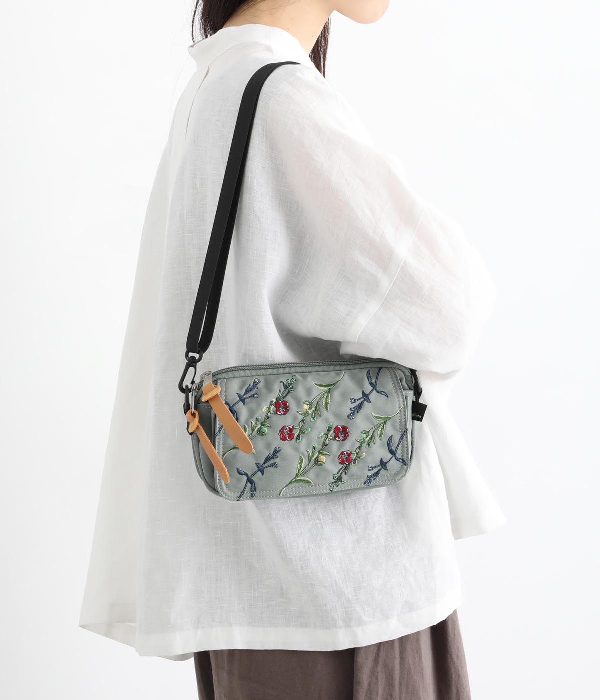 「glanta」フラワーストライプ刺繍ミニショルダーバッグ(グレー-F)