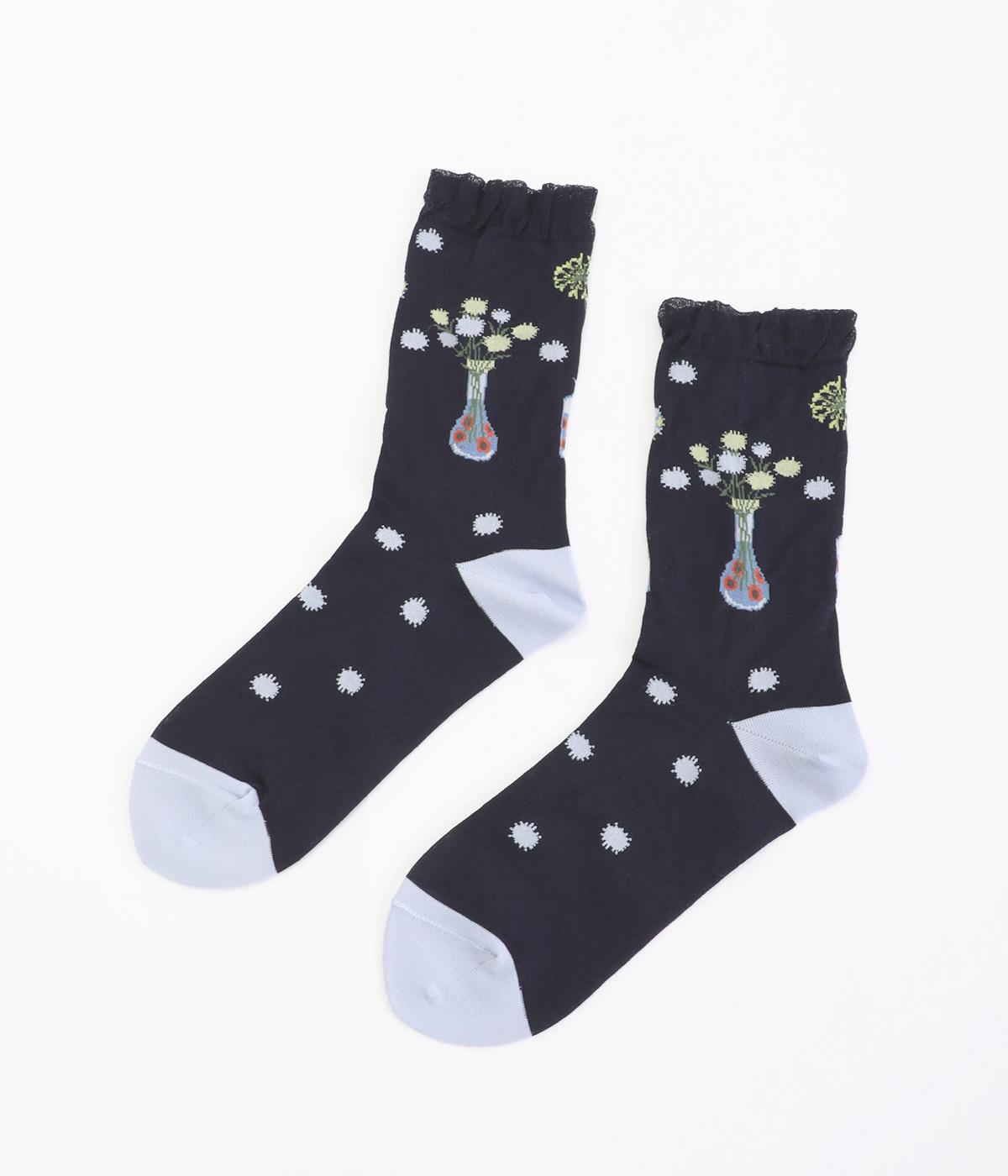 <アーティストコラボ　マツモトヨーコ>「Popping flowers」ジャカードソックス(ネイビー-F)