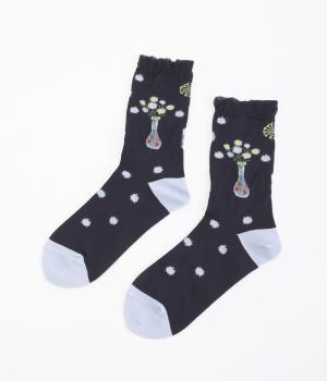 <アーティストコラボ　マツモトヨーコ>「Popping flowers」ジャカードソックス(ネイビー-F)