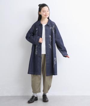 ツイルデニムスレッドフローラルライン刺繍コート(ネイビー-F)