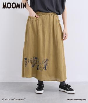 <Moominコラボ>セルロースリネンツイル「ムーミン一家の朝」刺繍スカート(キャメル-F)