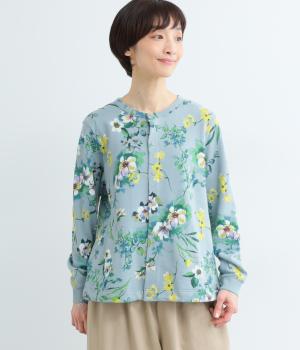 裏毛フロラフロートプリントカーディガン(ブルー-F)