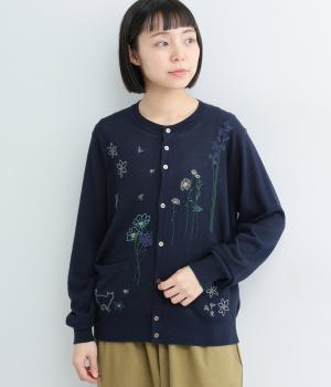 ハイツイストコットンステムペダルスケッチ刺繍カーディガン(ネイビー-F)