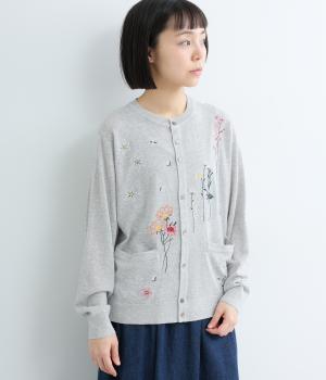 ハイツイストコットンステムペダルスケッチ刺繍カーディガン(杢グレー-F)
