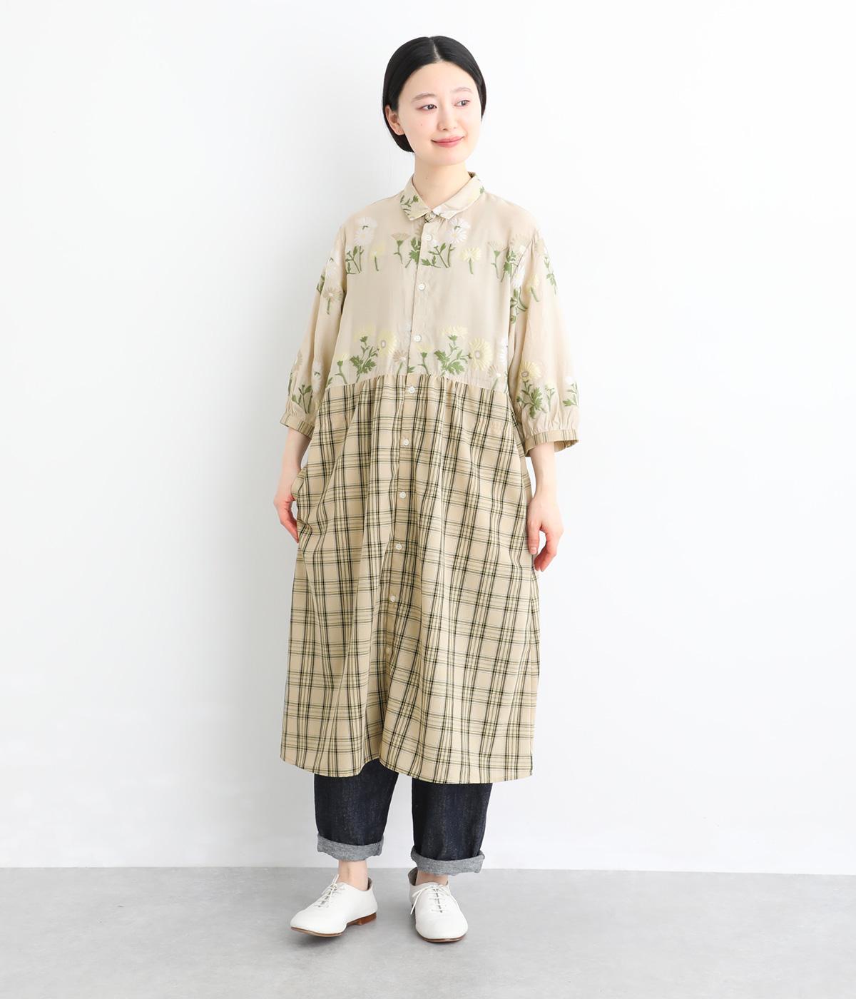 レインボーマーガレットカットジャカード+ローンチェックワンピース(ベージュ-F)