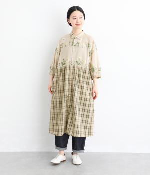 レインボーマーガレットカットジャカード+ローンチェックワンピース(ベージュ-F)