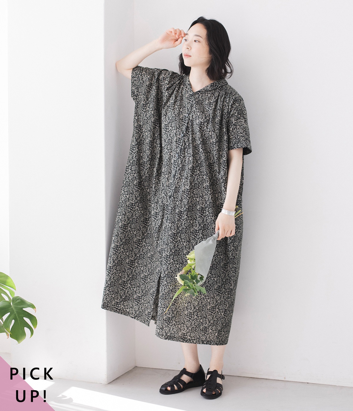 森の暮らし柄　ショールカラーワンピース(ブラック-ONESIZE)