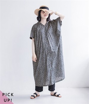 別注｜森の暮らし柄　ショールカラーワンピース(ネイビー-ONESIZE)