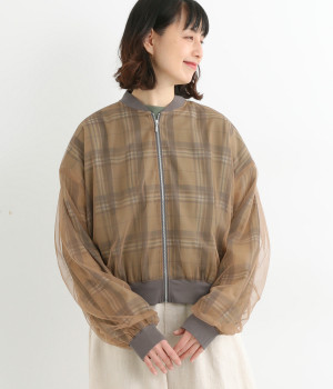 チュール×シアーチェックブルゾン(ベージュチェック-ONESIZE)